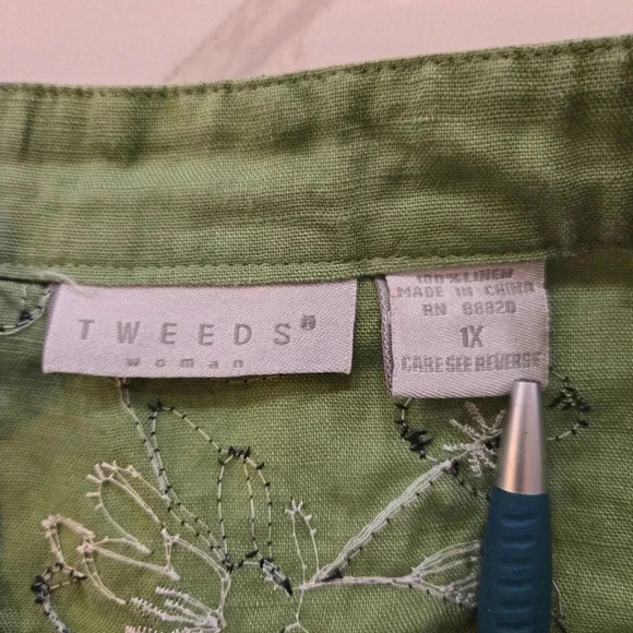 Tweeds Embroidered Floral Linen Button Down Tunic Green Womens Size 1X - Picture 11 of 12